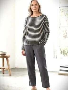EILEEN FISHER NWT Sleek Tencel Merino Wool Ash/Beige Striped Box Top Sz 3X